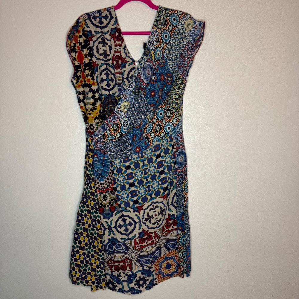 Desigual Patchwork V Neck Cap Sleeve Short Dress Size 42 EUR